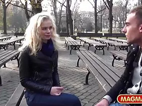Russian girl with a smart figure takes in her mouth