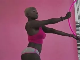 Blonde with big boobs jumping on a powerful riser